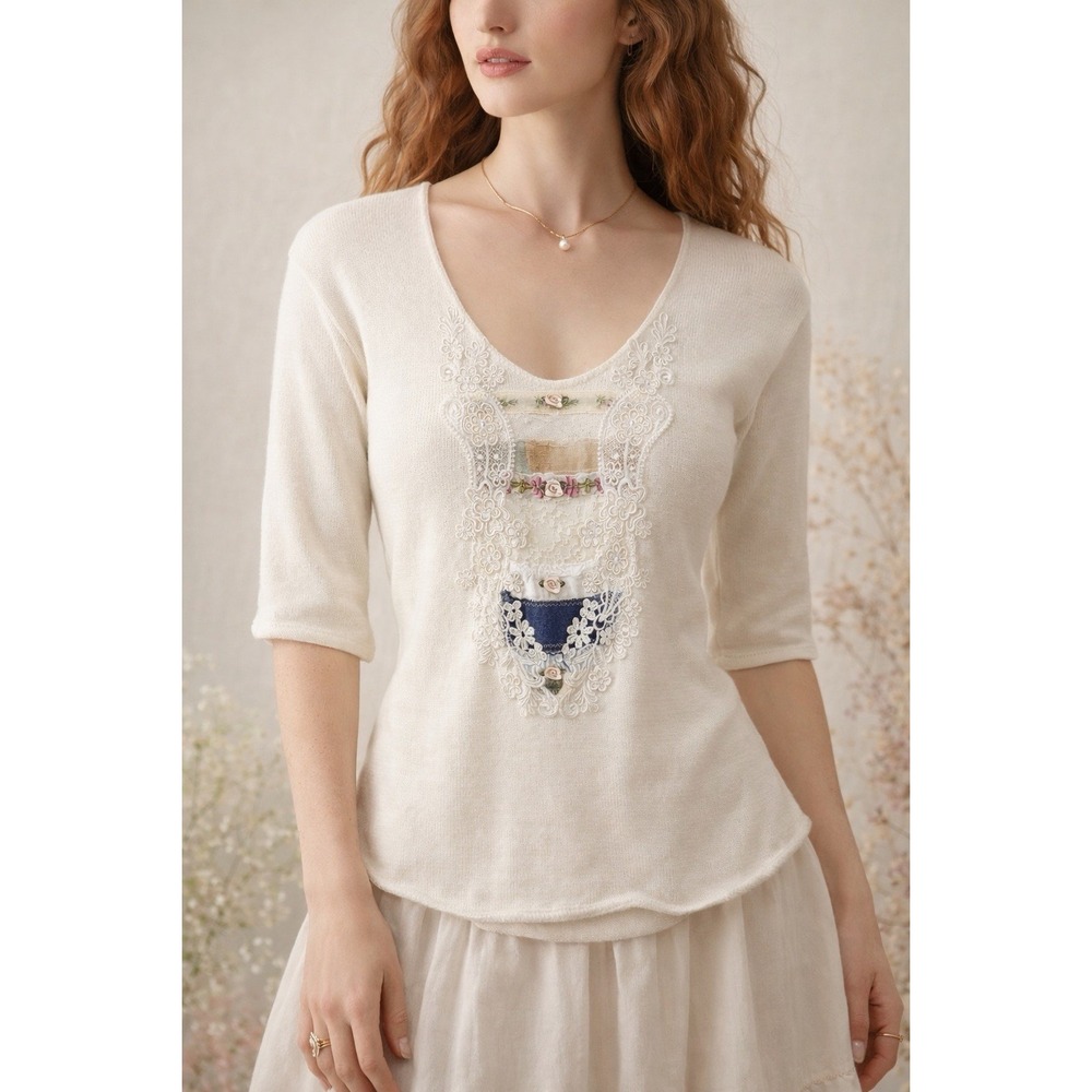 VTG Bonnie Harris Lace Women's Ribbon Knit Top‎ Cottagecore Fairy Prairie M USA